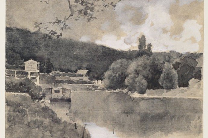 Detalle de 'Vista de un río a su paso por Pontoise, Francia'. Emilio Sánchez Perrier