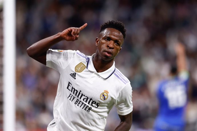 Vinicius Junior of Real Madrid celebrates a goal dismissed by VAR during the spanish league, La Liga Santander, football match played between Real Madrid and Getafe CF at Santiago Bernabeu stadium on May 13, 2023 in Madrid, Spain.