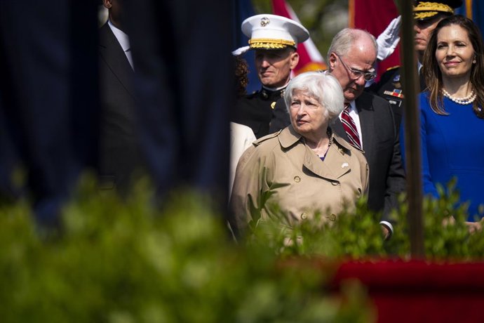 April 26, 2023, Washington, District of Columbia, USA: Janet Yellen, US Treasury secretary, arrives at an arrival ceremony during a state visit with Yoon Suk Yeol, South Korea's president, not pictured, on the South Lawn of the White House in Washington