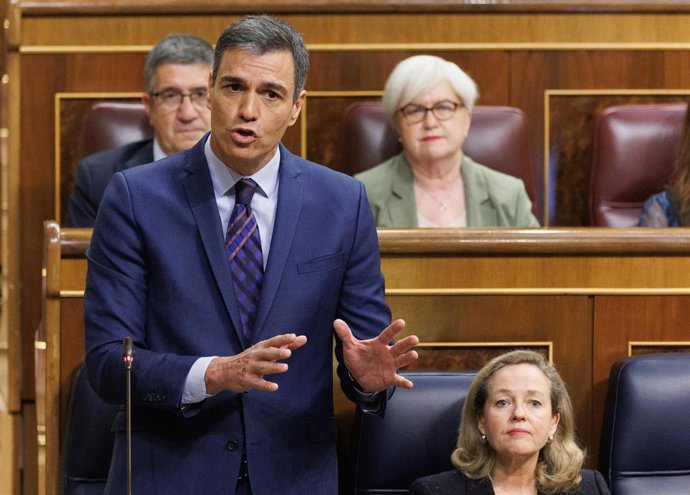 El presidente del Gobierno, Pedro Sánchez, interviene durante una sesión de control al Gobierno en el Congreso de los Diputados.