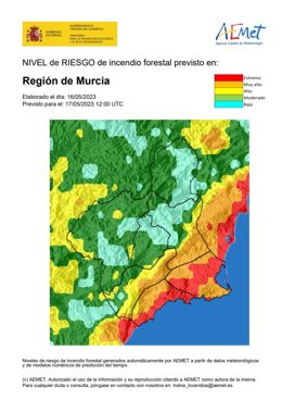 El nivel de riesgo de incendio forestal previsto para este miércoles es extremo o muy alto en el litoral