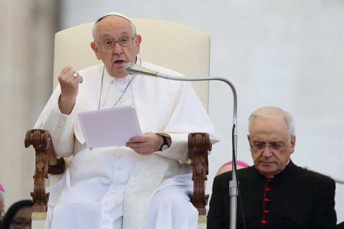 10 May 2023, Vatican, Vatican City: Pope Francis speaks at the wednesday General Audience in St. Peter's Square at the Vatican. Pope Tawadros II, head of the Coptic Orthodox Churches, took the stage with Pope Francis at the Vatican to celebrate the Day 