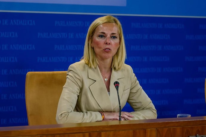 La portavoz adjunta del grupo parlamentario Vox Andalucía, Blanca Armario , durante la rueda de prensa. A 17 de mayo de 2023, en Sevilla (Andalucía, España). 