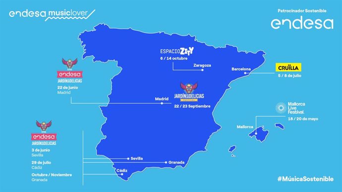 Mallorca, Barcelona, Sevilla, Cádiz, Granada, Madrid y Zaragoza acogerán los festivales de música sostenibles patrocinados por Endesa