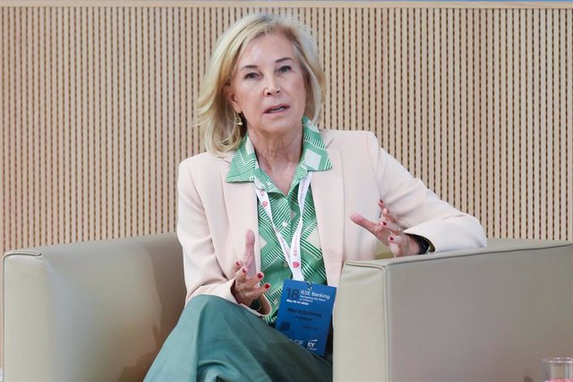 La consejera delegada de Bankinter, María Dolores Dancausa, durante la segunda jornada del 18º encuentro del sector bancario, a 17 de mayo de 2023, en Madrid (España).