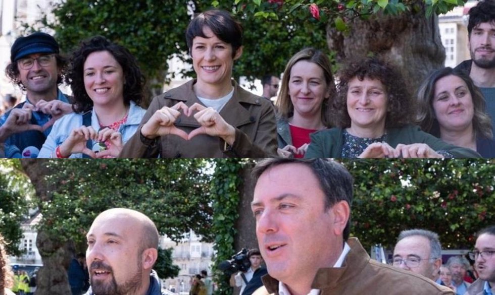 Montaje de dos de los momentos vinculados a las fotos de familia del BNG y PSdeG en la manifestación de Queremos Galego en Santiago de Compostela