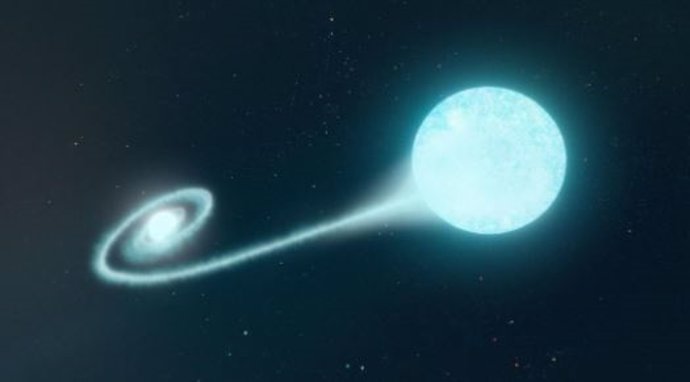 Concepción artística del sistema que produjo la supernova, en el que una estrella enana blanca absorbe material de su estrella compañera
