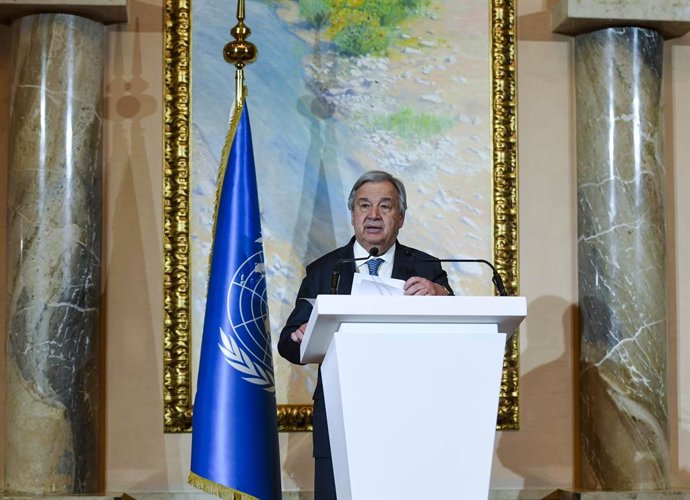 DOHA, May 2, 2023  -- UN Secretary-General Antonio Guterres speaks during a press conference following a two-day closed-door meeting on Afghanistan with special envoys from more than 20 countries and international organizations in Doha, Qatar, on May 2,