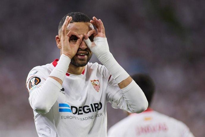 Youssef En-Nesyri of Sevilla FC celebrates a goal during the UEFA Europa League, quarter final second leg, match between Sevilla FC and Manchester United at Estadio Ramon Sanchez Pizjuan on April 20, 2023 in Sevilla, Spain.