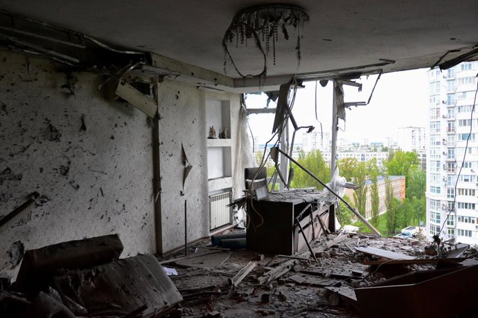 May 8, 2023, Kyiv, Ukraine: View of an apartment damaged from the middle in a residential building in Kyiv due to a Russian military attack by Iranian-made Shahed-136 drones. Russia attacked Ukraine at night with Iranian ''Shaheds'': 35 out of 35 drones