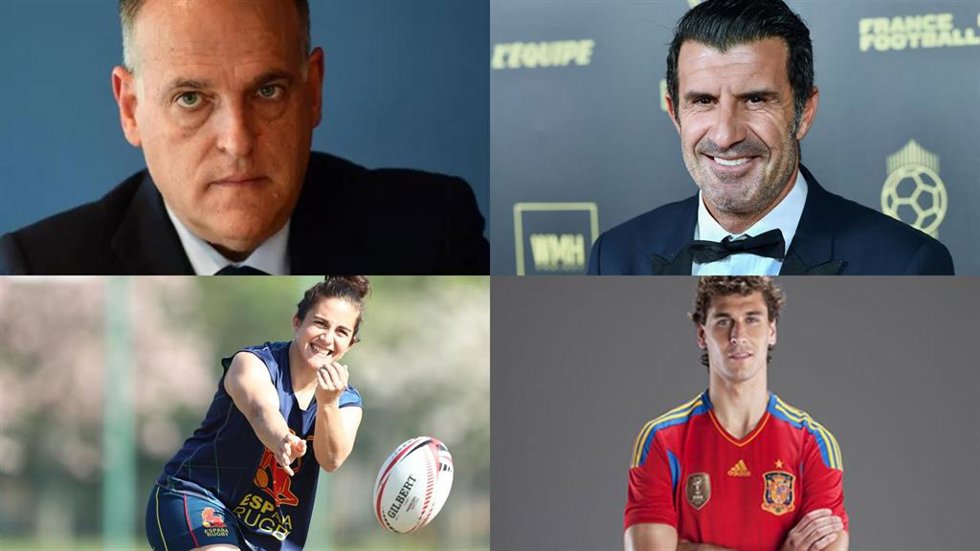 El presidente de LaLiga, Javier Tebas;os exfutbolistas Fernando Llorente y Luis Figo,; y la excapitana de la selección española de rugby a siete Patricia García, premiados por ISDE.