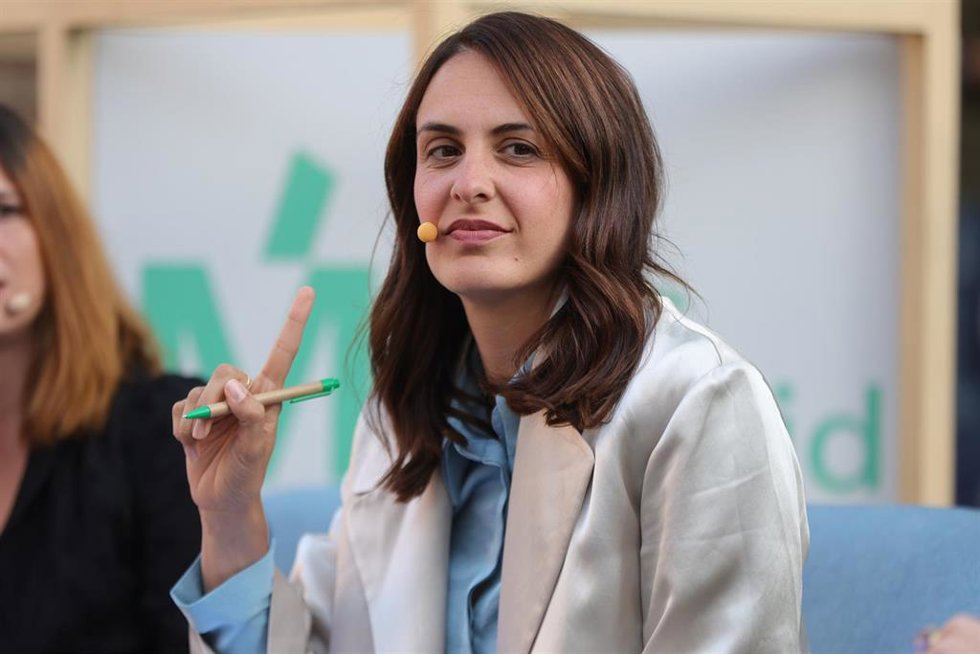 La candidata de Más Madrid a la Alcaldía, Rita Maestre, durante el acto 'Feminismo y Libertad', en la Plaza Daoiz y Velarde