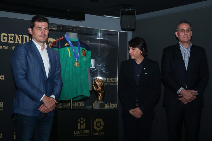Iker Casillas, former soccer player, and Marcelo Ordas, owner of the Legends Museum, and Jose Montero, director of league institutional relations, look on during the event in which Iker Casillas gives away the jersey with which he won the 2010 World Cup