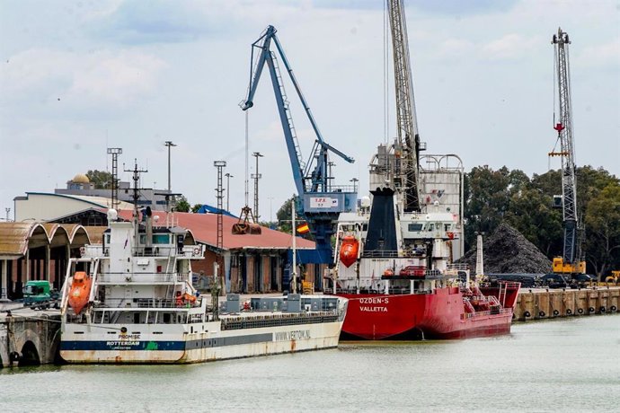 Barcos que se vieron afectados por el paro del servicio de prácticos en el Puerto de Sevilla.