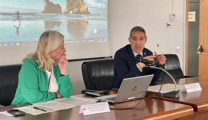 El subdelegado del Gobierno de España, José Pacheco, y la delegada de la Junta de Andalucía, Mercedes Colombo, en una reunión de coordinación para la peregrinación al Rocío