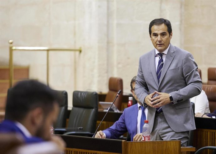 El consejero de Justicia, José Antonio Nieto, en la sesión plenaria en el Parlamento de Andalucía del 18 de mayo de 2023.