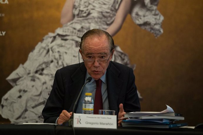 El presidente del Teatro Real, Gregorio Marañón, interviene durante la presentación de la Temporada 2023-2024 en el Teatro Real