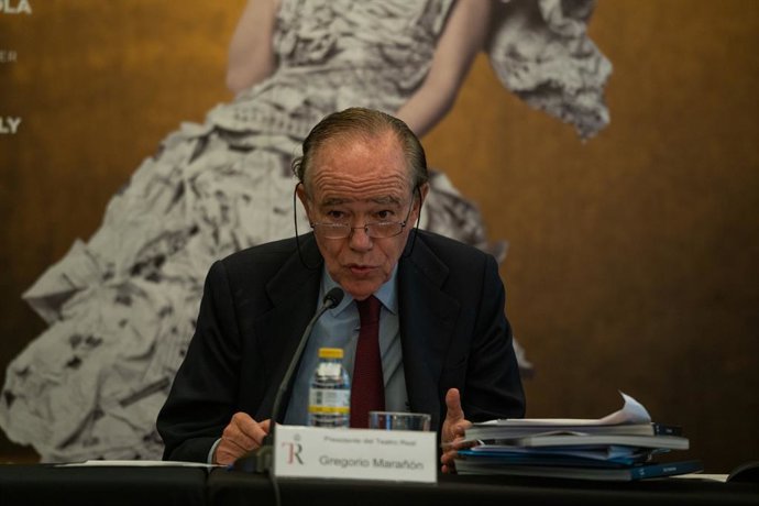 El presidente del Teatro Real, Gregorio Marañón, interviene durante la presentación de la Temporada 2023-2024 en el Teatro Real, a 18 de mayo de 2023, en Madrid (España). La temporada 23/24 cuenta con nueve nuevas producciones del Teatro Real, y ofrece 