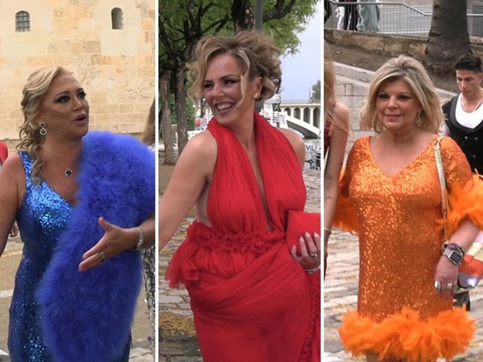 Belén Esteban, Rocío Carrasco y Terelu Campos, a su llegada a la preboda de Raúl Prieto y Joaquín Torres