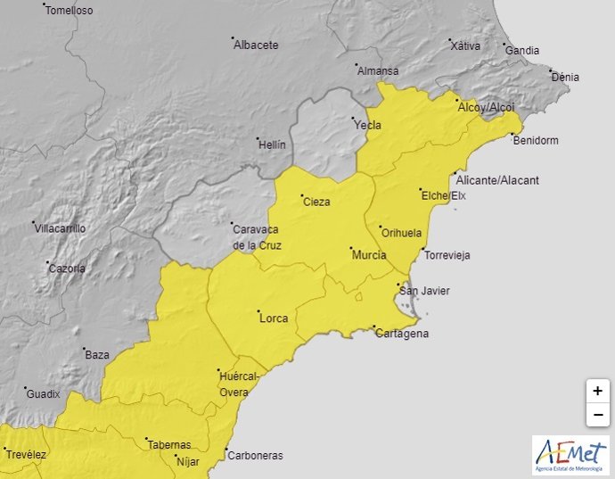 Meteorología emite aviso amarillo por tormentas este viernes en la Vega del Segura, Guadalentín y Campo de Cartagena