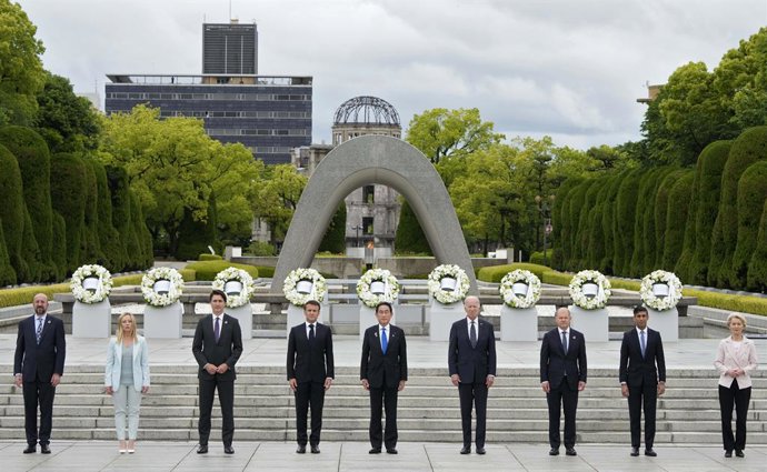 May 19, 2023, Hiroshima, Japan: (L-R) European Council President Charles Michel, Italian Prime Minister Giorgia Meloni, Canadian Prime Minister Justin Trudeau, French President Emmanuel Macron, Japan's Prime Minister Fumio Kishida, US President Joe Bide