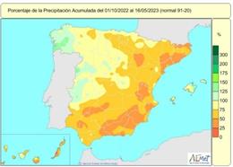 Mapa de lluvias en España desde el 1 de octubre de 2022 al 16 de mayo de 2023.