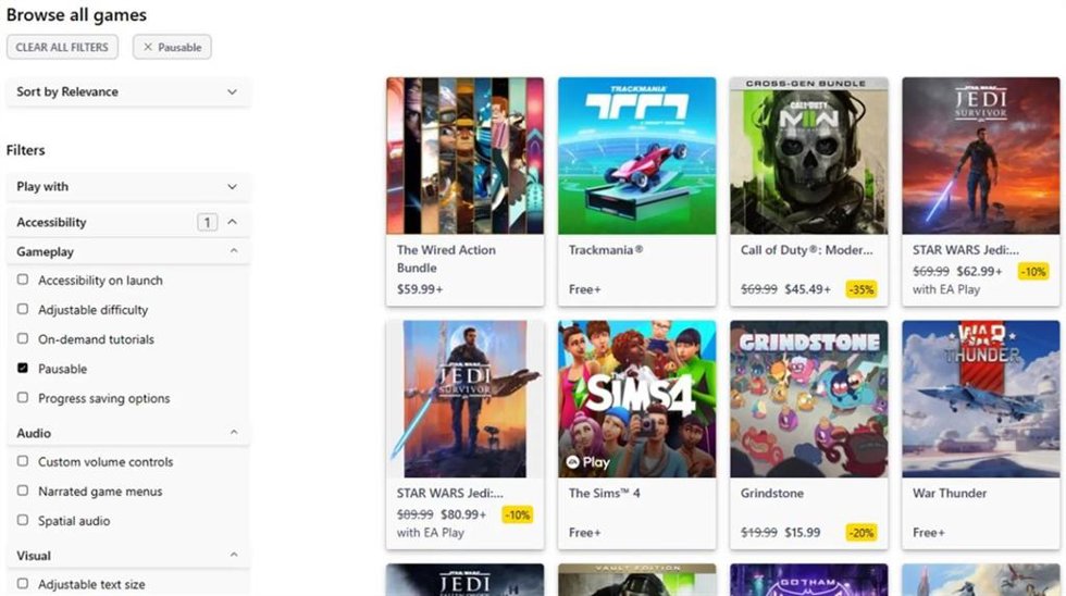 Interfaz de Microsoft Store con algunos de los nuevos filtros de Xbox