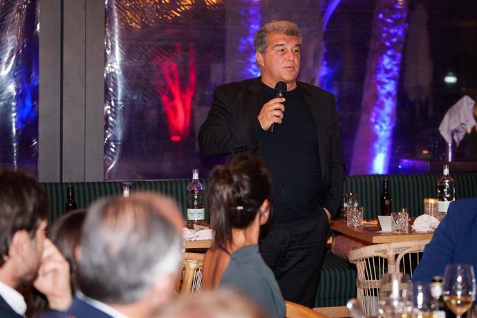 El presidente del FC Barcelona, Joan Laporta, en la cena de celebración del equipo por el título de LaLiga Santander 22/23