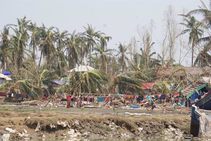 SITTWE, May 18, 2023  -- This photo taken on May 17, 2023 shows houses damaged by Cyclone Mocha in Sittwe, Rakhine State, Myanmar. The death toll from Cyclone Mocha in Myanmar has reached 48 as of Wednesday afternoon, state media reported on Thursday.