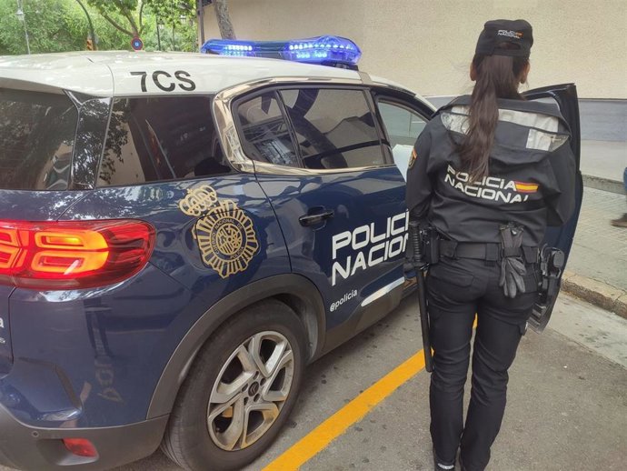 Un agente de la Policía Nacional junto a un vehículo policial