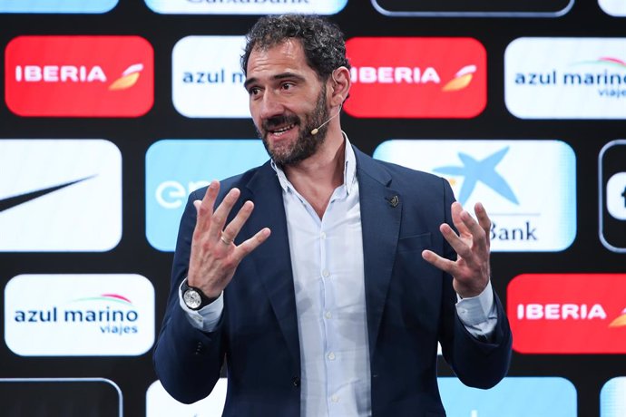 Jorge Garbajosa, president of the FEB, gestures during tthe official presentation of the Spanish Women's Basketball National Team at Allin One Center, on May 16, 2023, in Madrid, Spain.