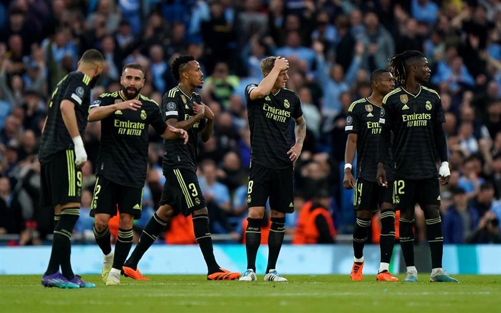 Los jugadores del Real Madrid tras encajar un gol contra el Manchester City en semifinales de la 'Champions'