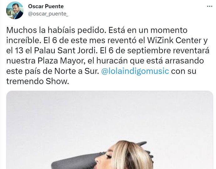Tuit publicado por el alcalde de Valladolid, Óscar Puente, en el que anuncia el artista para el día 6 de septiembre de las Fiestas de la capital vallisoletana