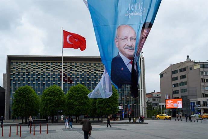 May 11, 2023, Istanbul, Turkey: An election campaign curtain in support of turkish opposition leader Kemal Kiricdaroglu is seen in Taksim square. Turkey general elections are due to take place on Sunday 14 May, with incumbent president Recep Tayyip Erdo