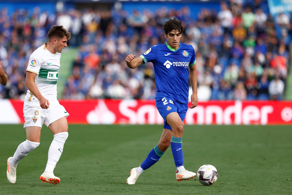 Gonzalo Villar of Getafe in action during the spanish league, La Liga Santander, football match played between Getafe CF and Elche CF at Coliseum Alfonso Perez stadium on May 20, 2023 in Getafe, Madrid, Spain.