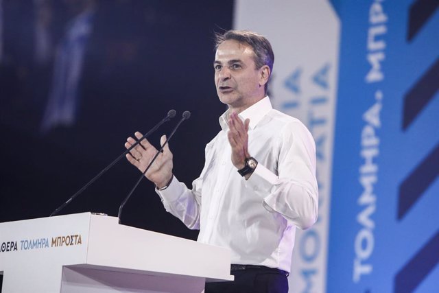 May 18, 2023, Thessaloniki, Greece: Greek Prime Minister and New Democracy leader Kyriakos Mitsotakis holds a speech during a pre-election campaign at the Greek city of Thessaloniki. Greece holds general elections on May 21.,Image: 777123761, License: Rig