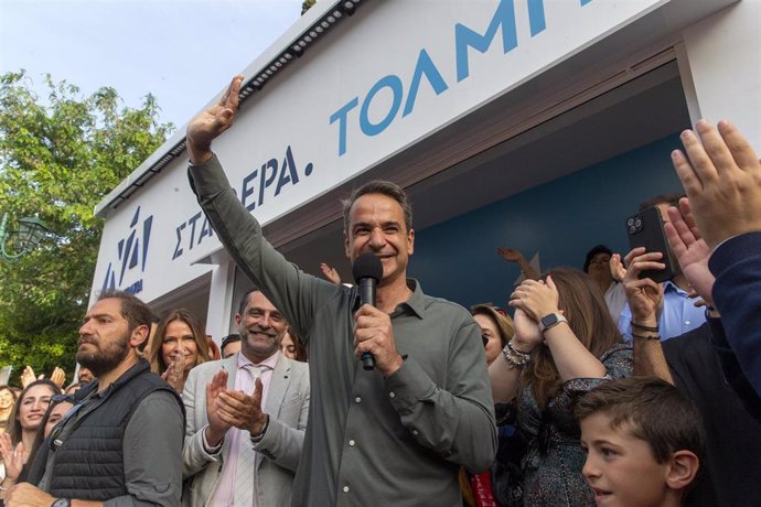 ATHENS, May 15, 2023  -- Greek Prime Minister Kyriakos Mitsotakis addresses supporters of his political party New Democracy in Athens, Greece, on May 14, 2023. Greek Prime Minister Kyriakos Mitsotakis ruled out on Sunday the prospect of cooperation with