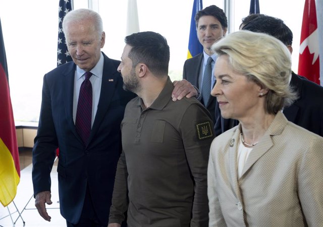 May 21, 2023, Hiroshima, Japan: Prime Minister Justin Trudeau follows as United States President Joe Biden speaks with Ukrainian President Volodymyr Zelenskyy as they walk to a working session with European Commission President Ursula von der Leyen at the