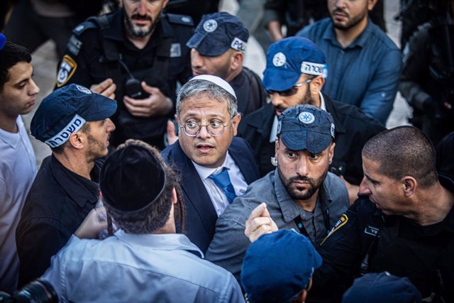 May 18, 2023, Jerusalem, Israel: Israeli minister of National Security Itamar Ben-Gvir looks on at Damascus gate In Jerusalem during the flag march. Tens of thousands of young religious-Zionist men and women marched through the capital waving Star of Davi
