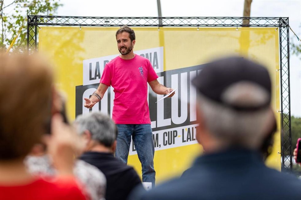 El número dos de la CUP por Barcelona, Jordi Estivill, en un acto en Barcelona.