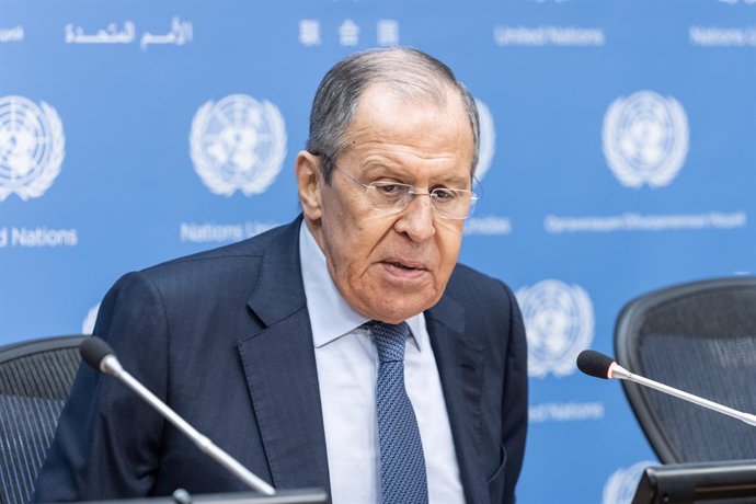 April 25, 2023, New York, New York, United States: Foreign Minister of Russia Sergey Lavrov conducts press briefing at UN headquarters