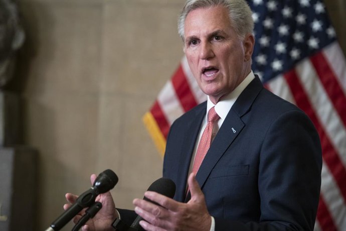 May 16, 2023, Washington, District of Columbia, USA: Speaker of the United States House of Representatives Kevin McCarthy (Republican of California) holds a press conference at the US Capitol, following his meeting with United States President Joe Biden
