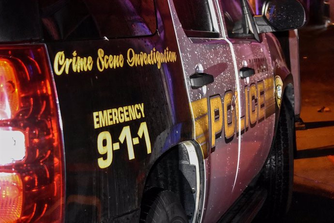 May 20, 2023, Paterson, New Jersey, United States: Paterson police Crime Scene Investigation logo on a Paterson police vehicle at the crime scene. Shots were fired in an apartment building at 490 Park Avenue in Paterson at around 9:30 PM, Saturday eveni