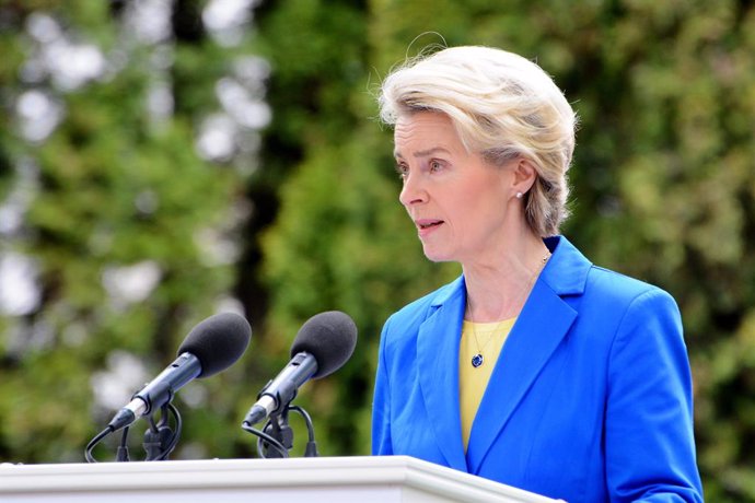 May 9, 2023: European Commission President Ursula von der Leyen and attends a joint press conference with Ukraine's President Volodymyr Zelenskiy (not pictured), amid Russia's attack on Ukraine, in Kyiv, Ukraine May 9, 2023.