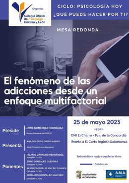 Cartel de la mesa redonda sobre adicciones en Salamanca.