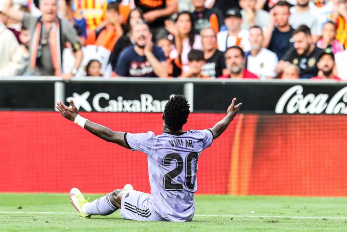 Vinicius Junior of Real Madrid protest during the spanish league, La Liga Santander, football match played between Valencia CF and Real Madrid at Mestalla stadium on May 21, 2023, in Valencia, Spain.