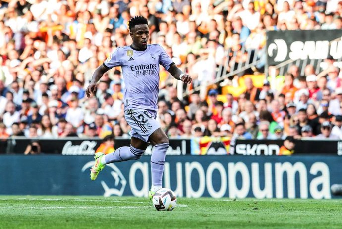Vinicius Junior of Real Madrid in action during the spanish league, La Liga Santander, football match played between Valencia CF and Real Madrid at Mestalla stadium on May 21, 2023, in Valencia, Spain.