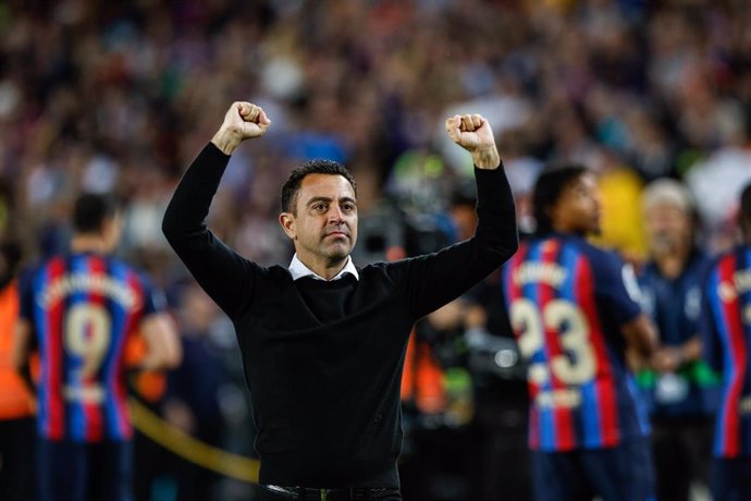 Xavi Hernandez celebrates the victory  of La Liga 2022/2023 season after the match against Real Sociedad at Spotify Camp Nou in Barcelona, Spain, on May 20th, 2023.