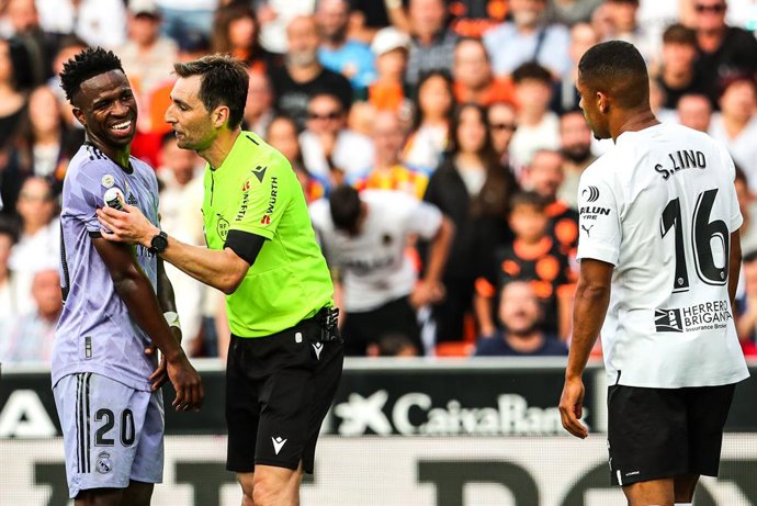 Vinicius Junior of Real Madrid protest to referee during the spanish league, La Liga Santander, football match played between Valencia CF and Real Madrid at Mestalla stadium on May 21, 2023, in Valencia, Spain.