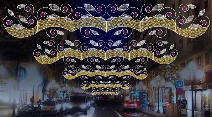 Imagen de las luces de Hogueras en la Rambla de Méndez Núñez en Alicante.